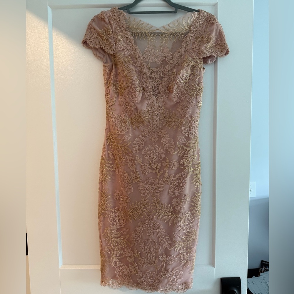 Tadashi Shoji Rose Gold Sheath Dress with Cap Sleeve and Illusion Neckline